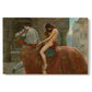 Canvas art print portraying a female figure riding horse through town, set against a white background