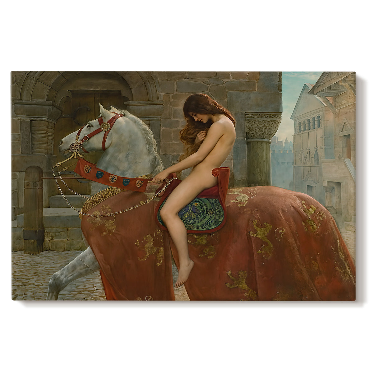 Canvas art print portraying a female figure riding horse through town, set against a white background