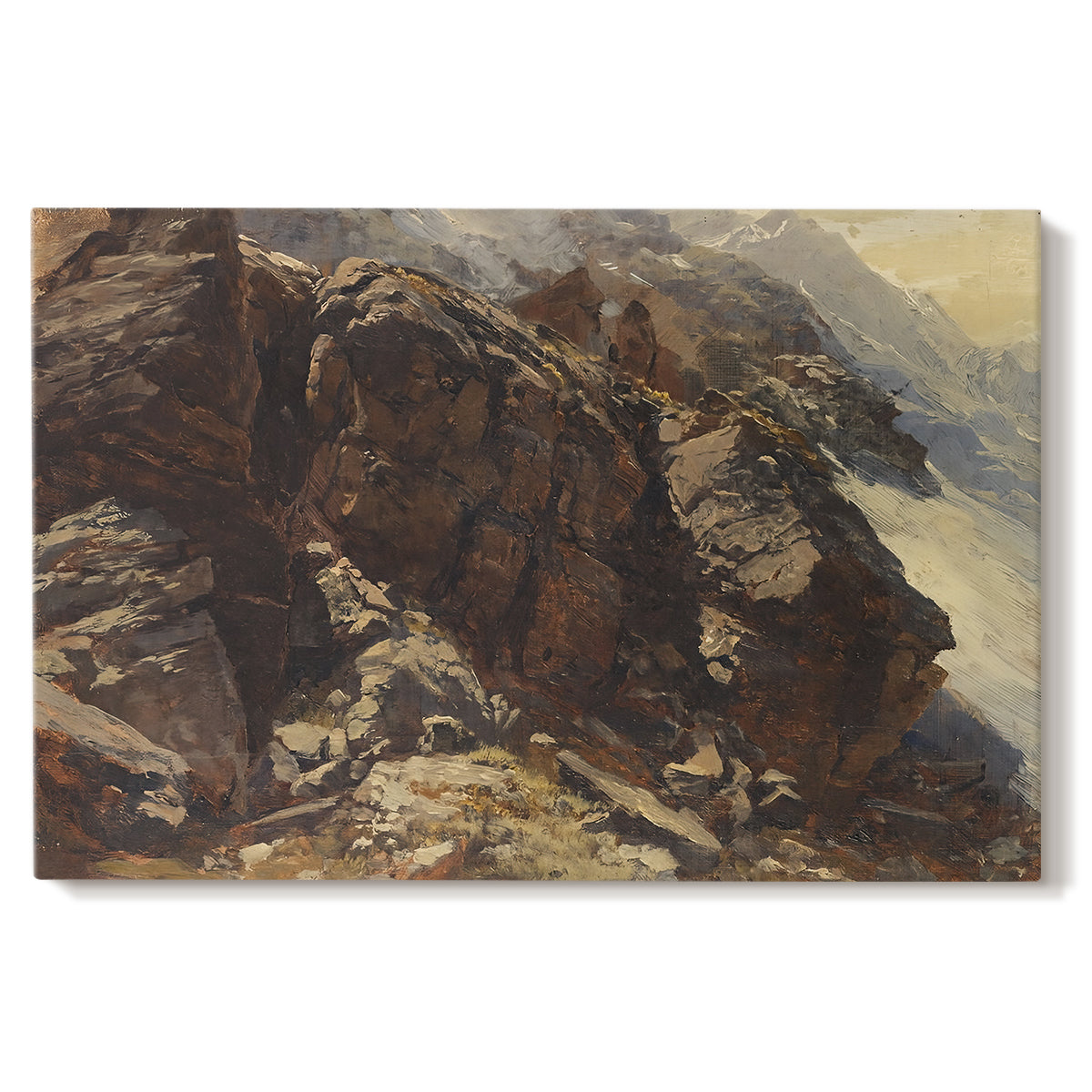 Canvas art print portraying a rocky alpine terrain with steep slopes and distant mountain peaks, set against a white background