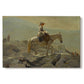 Canvas art print portraying a rider on horseback moving along elevated path with mountain view, set against a white background
