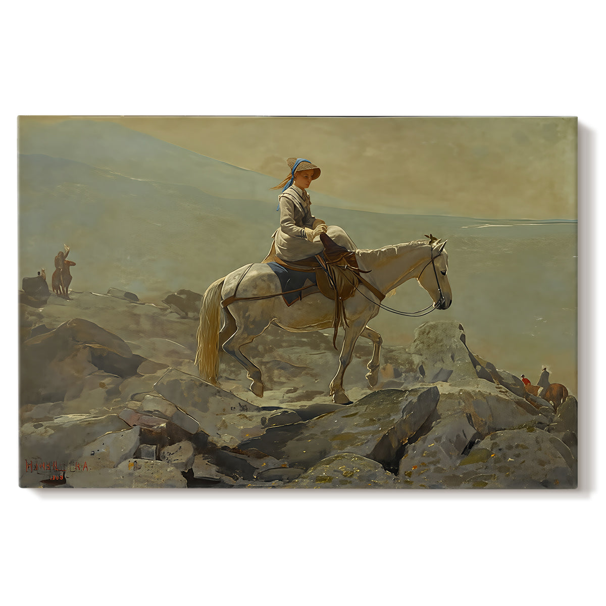 Canvas art print portraying a rider on horseback moving along elevated path with mountain view, set against a white background