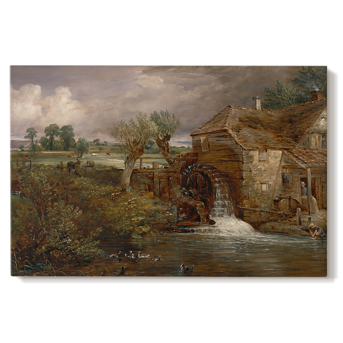 Canvas art print portraying a mill beside water in rural setting, set against a white background