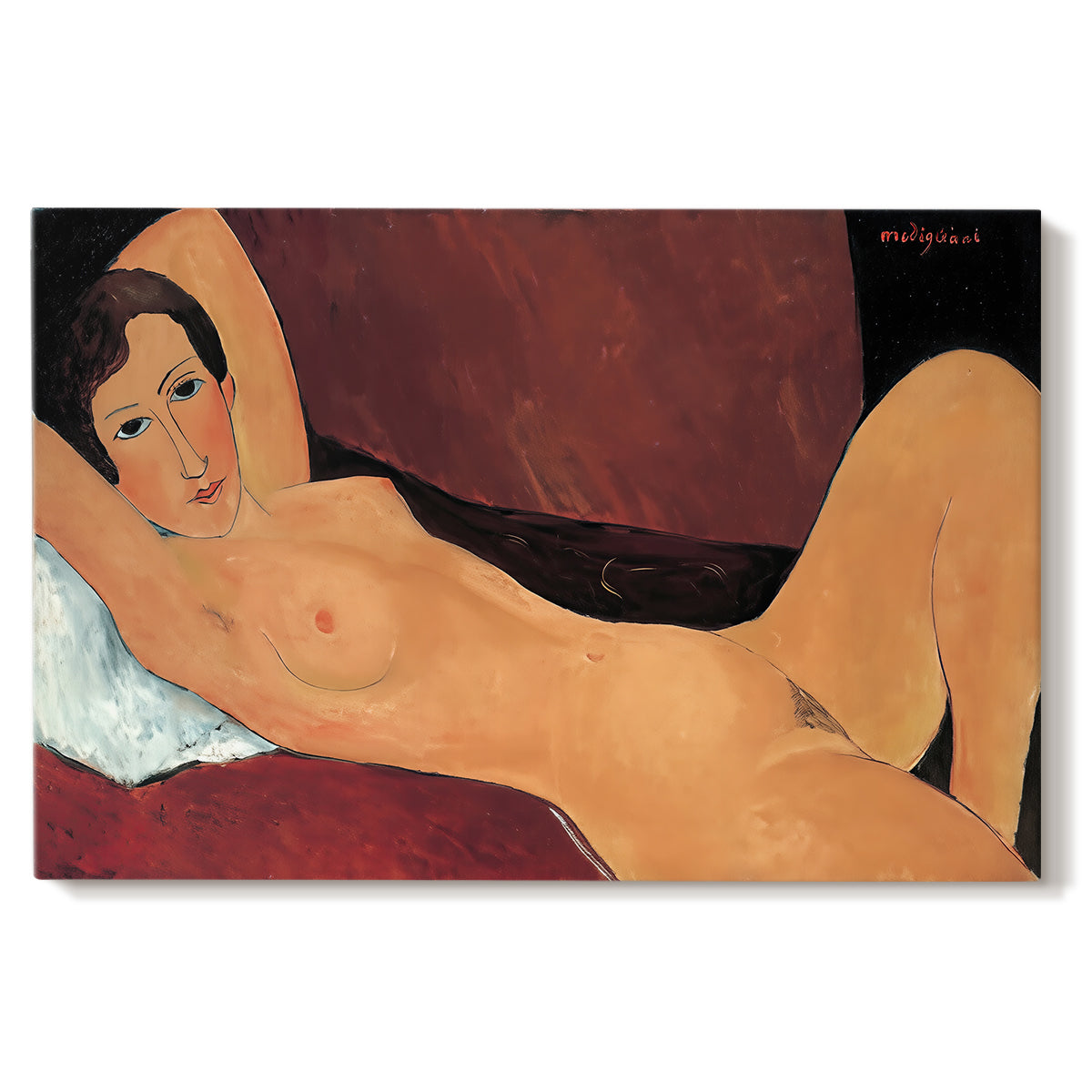 Canvas art print portraying a reclining nude woman stretched across a sofa with elongated form, set against a white background