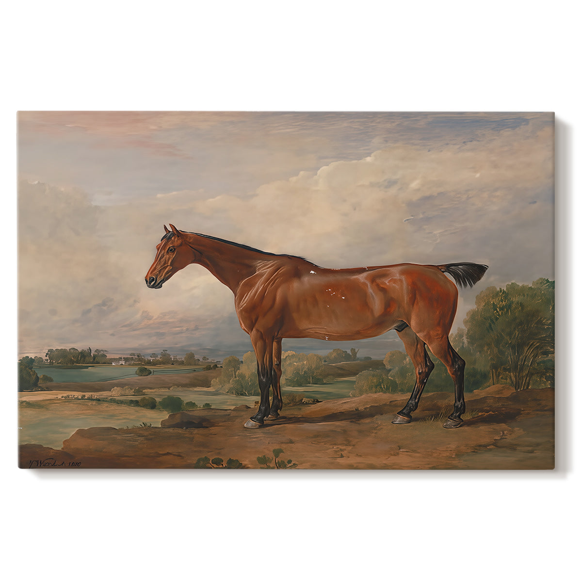 Canvas art print portraying a mounted hunter with dog in open rural landscape, set against a white background
