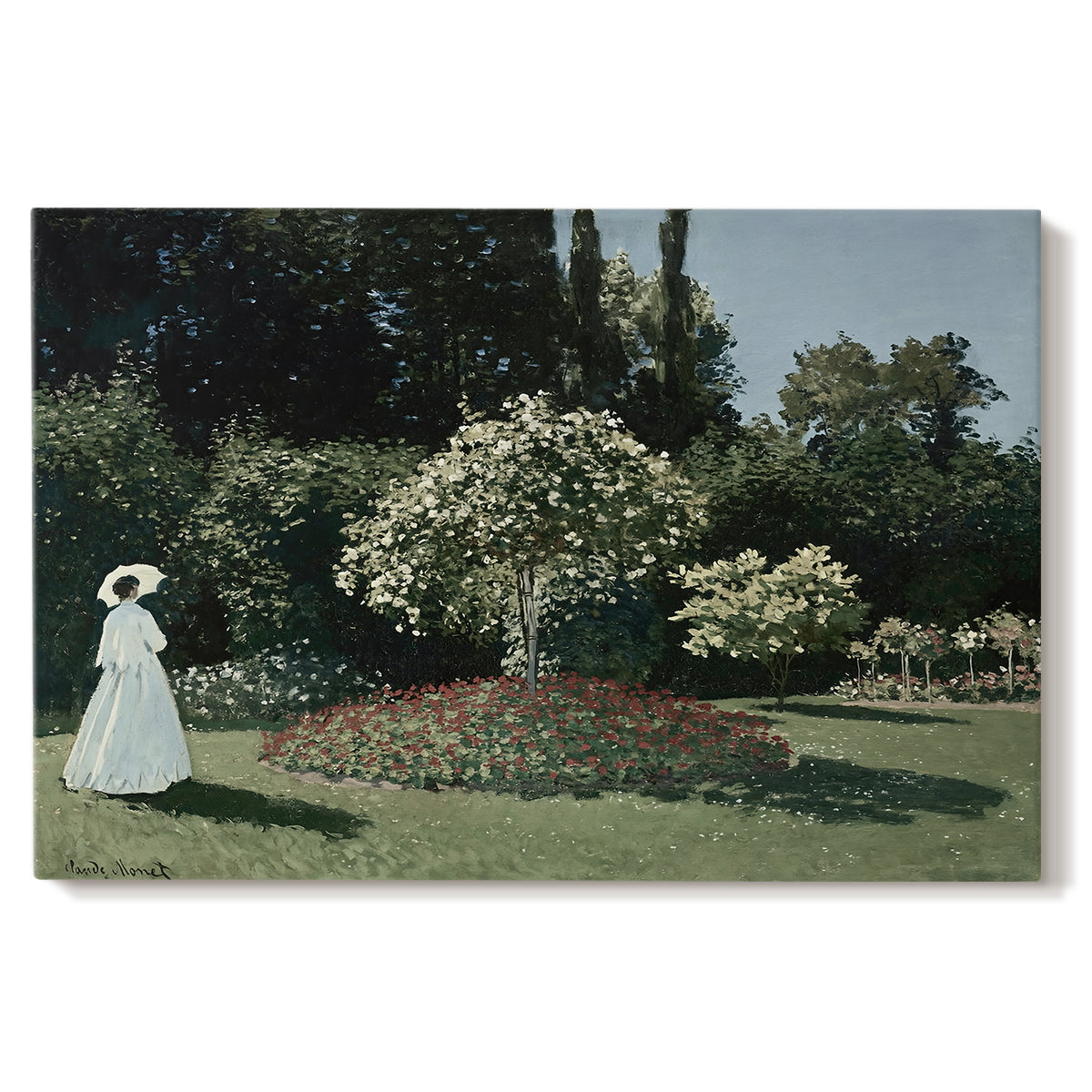 Canvas art print portraying a woman standing in garden surrounded by flowers and greenery, set against a white background