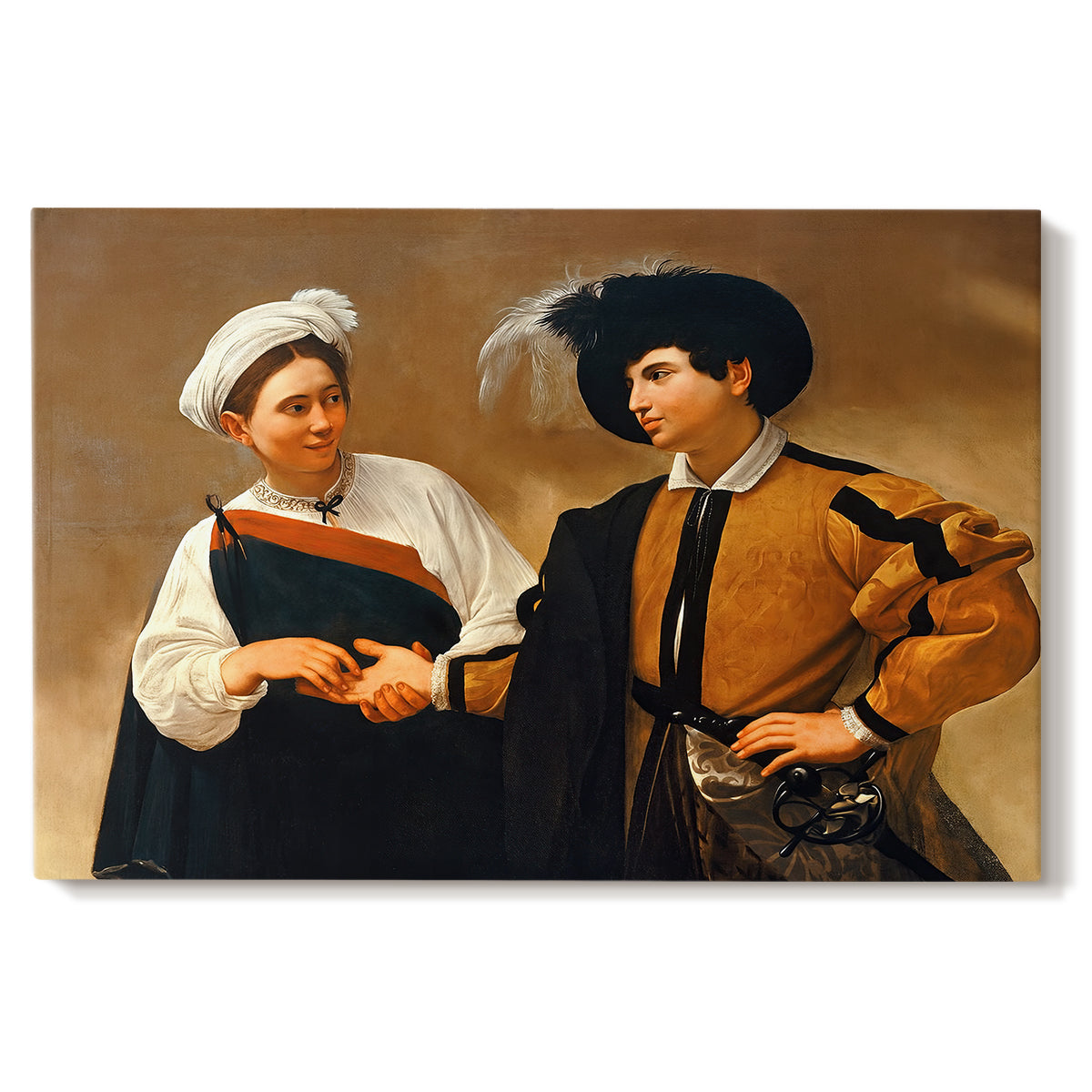 Canvas art print portraying a woman reading man's palm while discreetly removing his ring, set against a white background