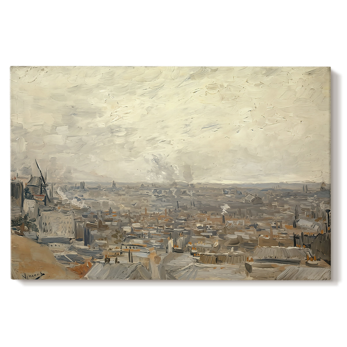 Canvas art print portraying an elevated view over rooftops and buildings across wide urban landscape, set against a white background