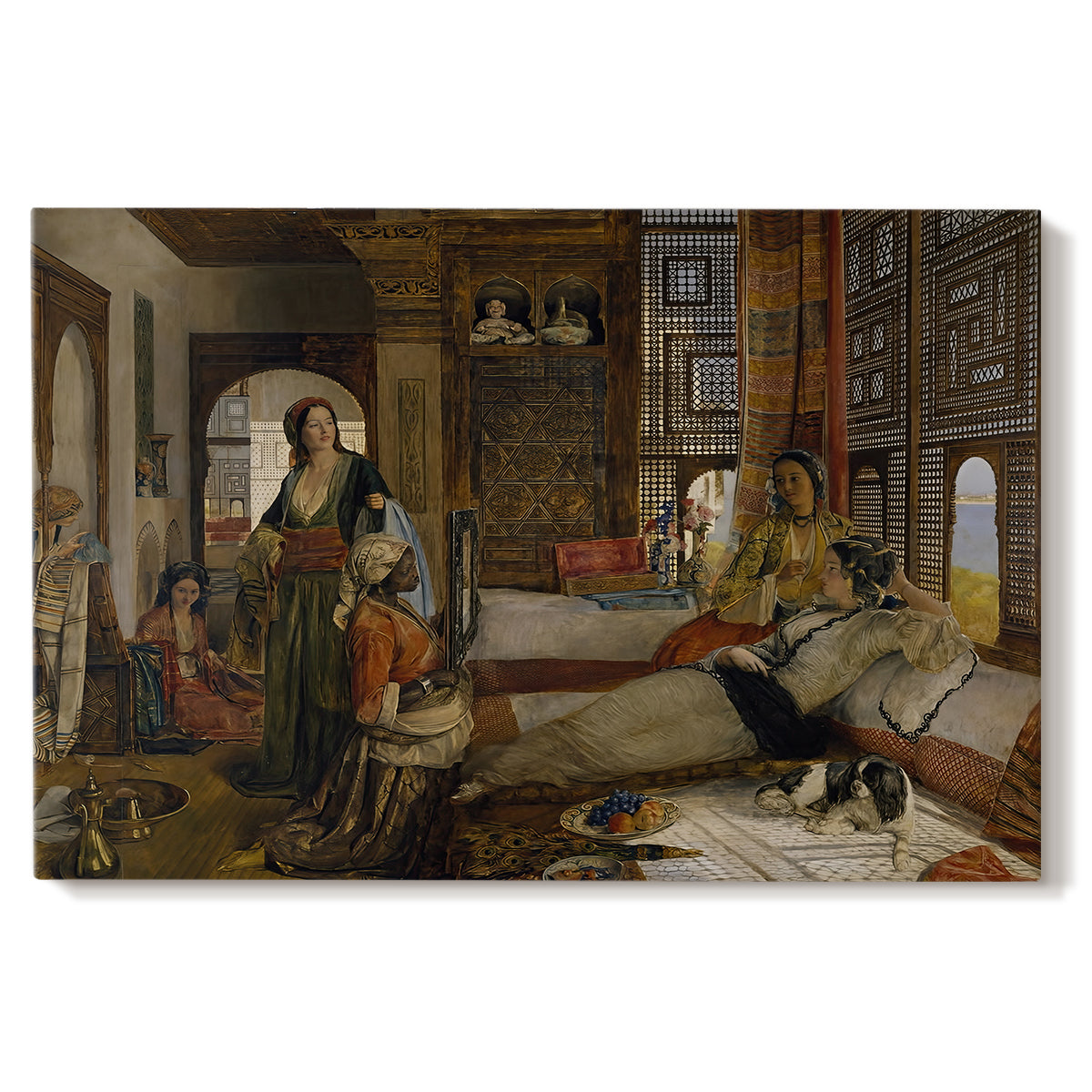 Canvas art print portraying an interior scene with seated figures in richly decorated room, set against a white background