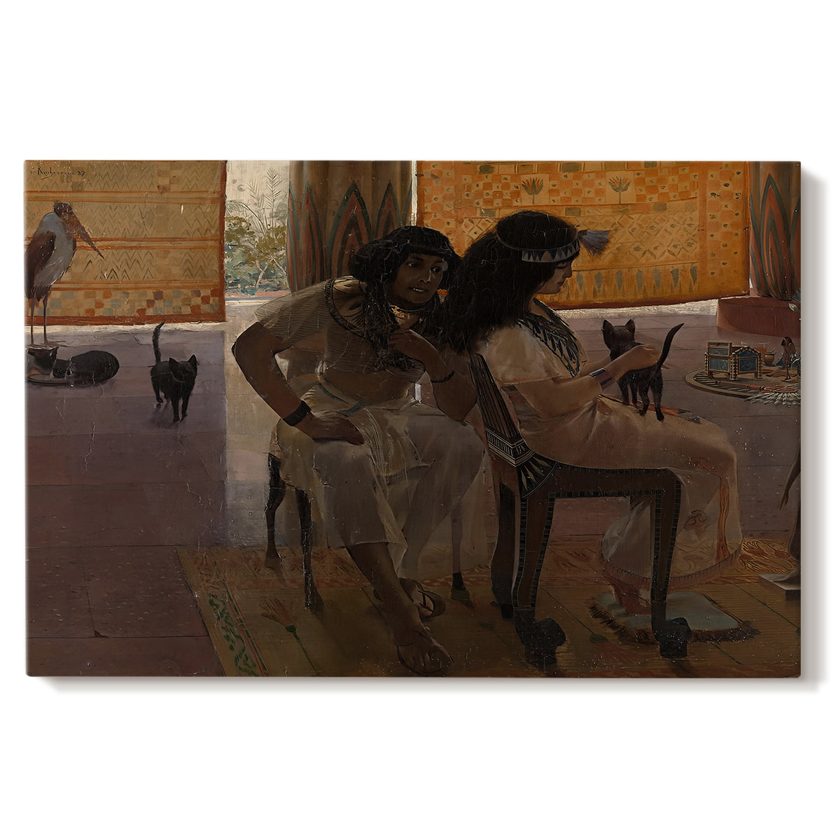 Canvas art print portraying ancient Egyptian figures gathered in ceremonial or architectural setting, set against a white background