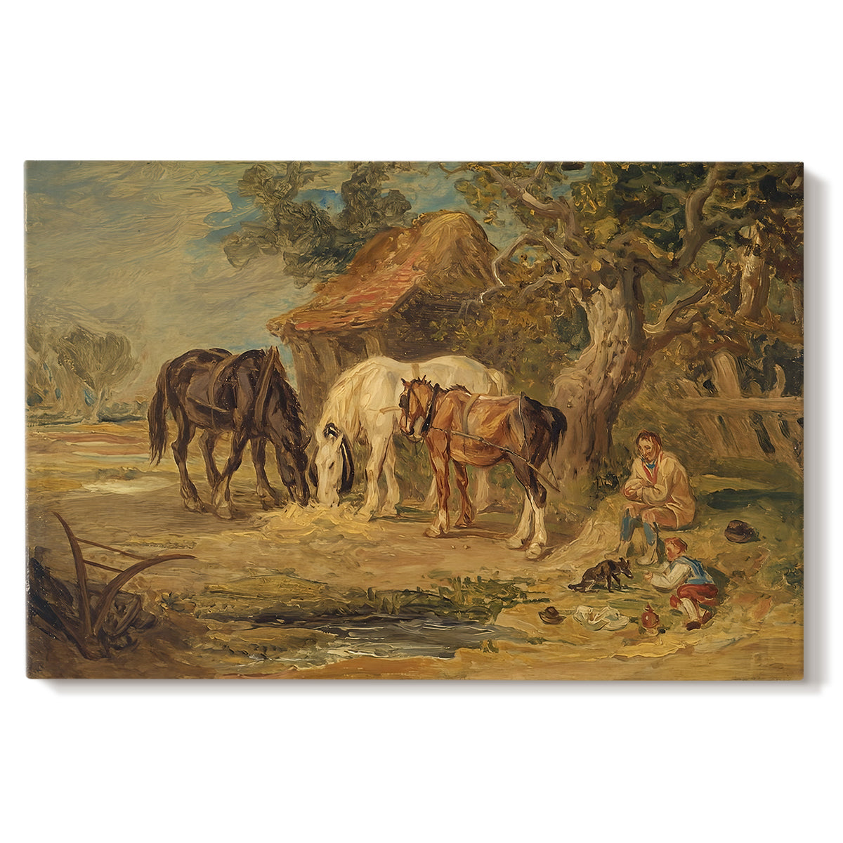 Canvas art print portraying farm animals gathered together feeding in outdoor setting, set against a white background