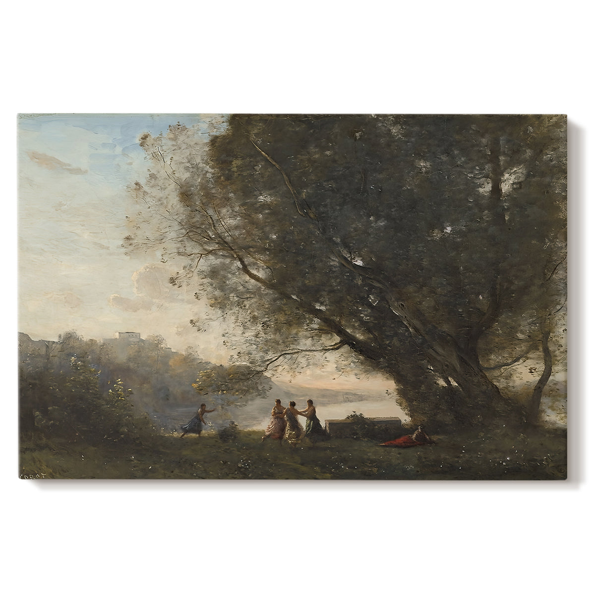 Canvas art print portraying figures dancing beneath trees beside calm lakeside setting, set against a white background