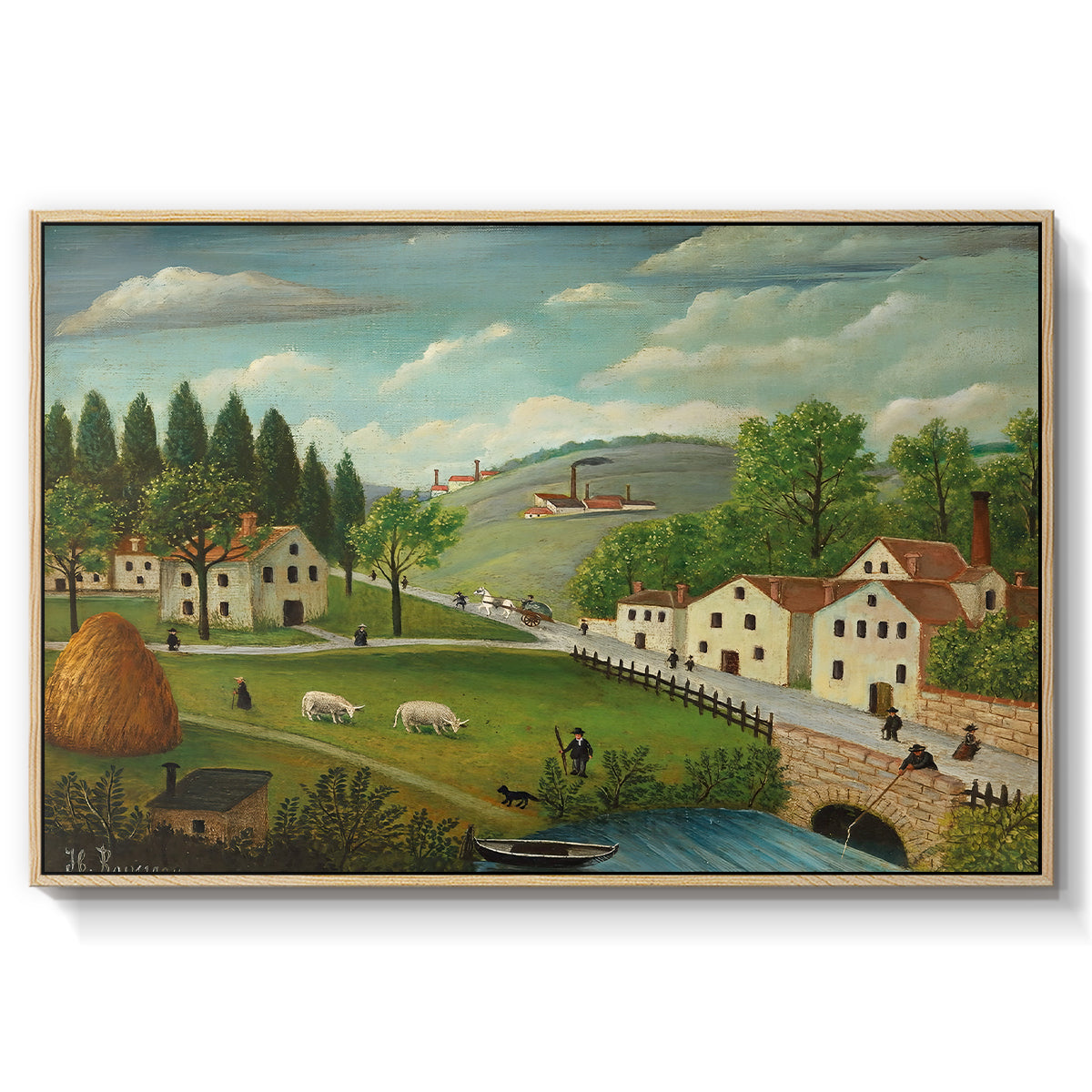Pastoral Landscape with Stream, Fisherman and Strollers, 1875-1880 - Floater Framed Canvas Print