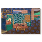 Canvas art print portraying a colorful interior with table, aubergines, and richly patterned surfaces, set against a white background