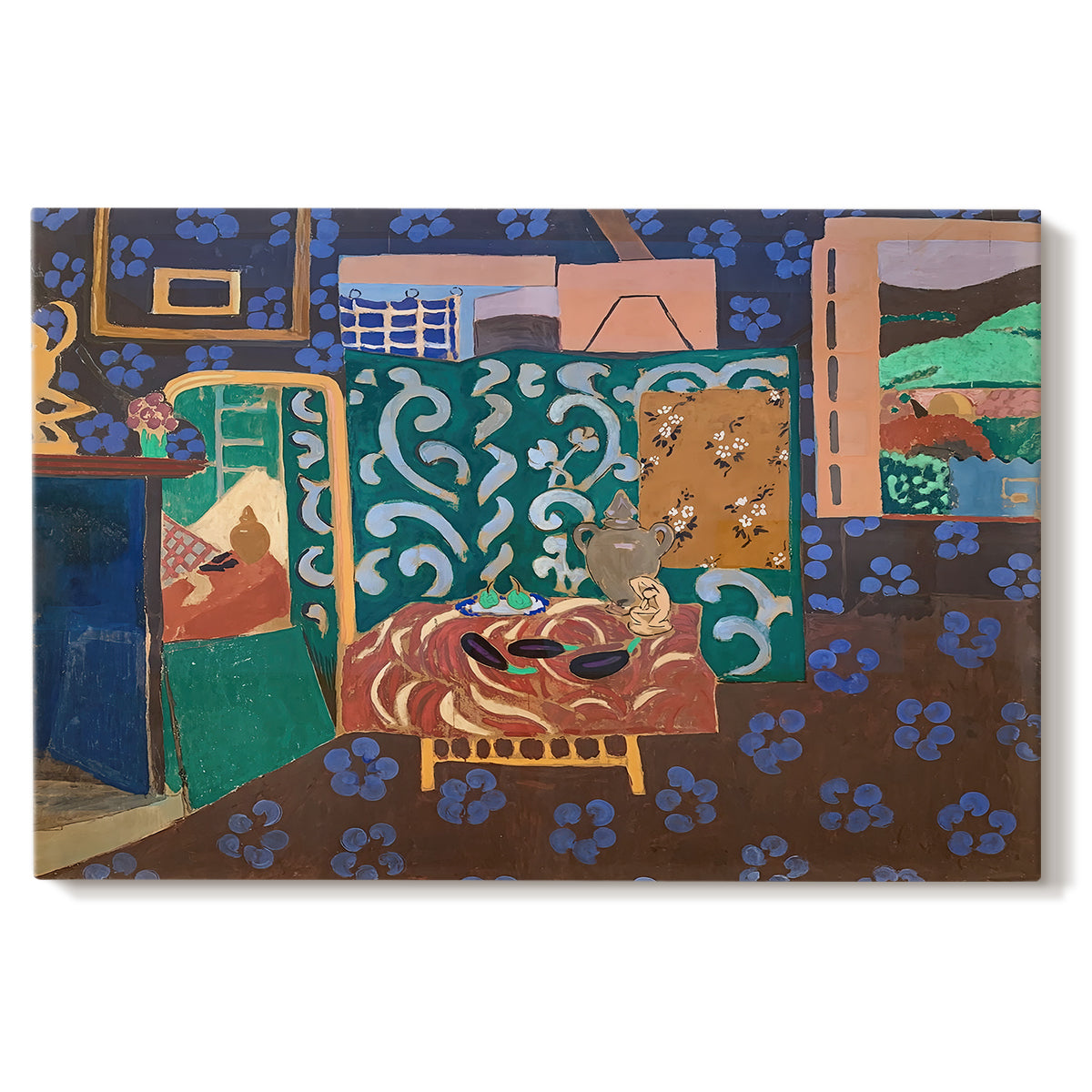 Canvas art print portraying a colorful interior with table, aubergines, and richly patterned surfaces, set against a white background