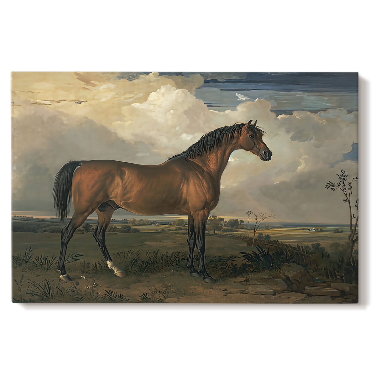 Canvas art print portraying a horse standing prominently in open landscape with strong posture, set against a white background