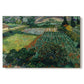 Canvas art print portraying a field dotted with red poppies under bright sky and rolling terrain, set against a white background