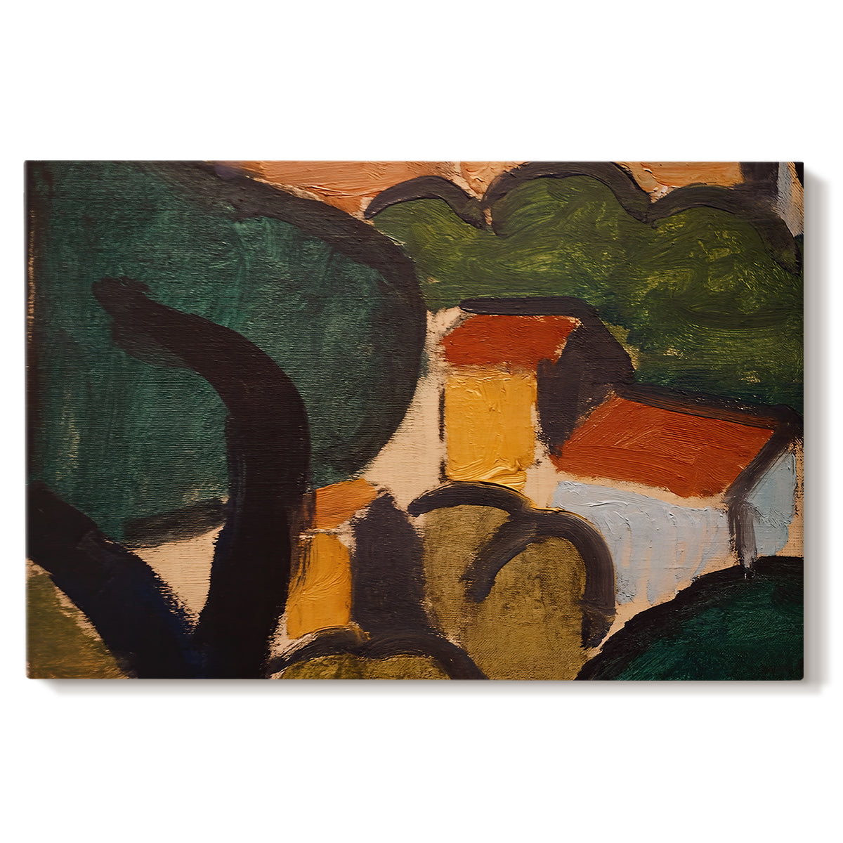 Canvas art print portraying simplified houses and trees arranged in a geometric landscape, set against a white background