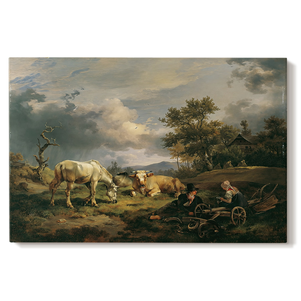 Canvas art print portraying a couple seated resting in open field, set against a white background