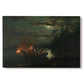 Canvas art print portraying figures fishing with spears from boat on calm lake at dusk, set against a white background