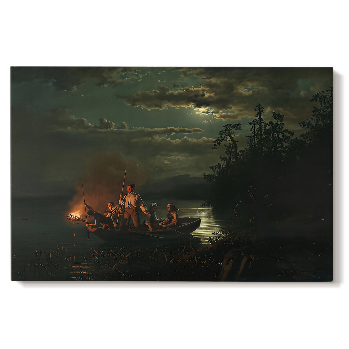 Canvas art print portraying figures fishing with spears from boat on calm lake at dusk, set against a white background