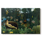 Canvas art print portraying a reclining nude woman surrounded by dense jungle plants and animals, set against a white background