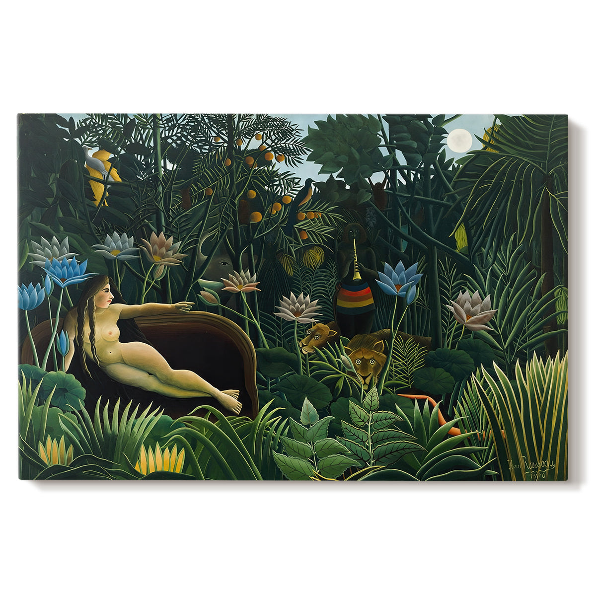 Canvas art print portraying a reclining nude woman surrounded by dense jungle plants and animals, set against a white background