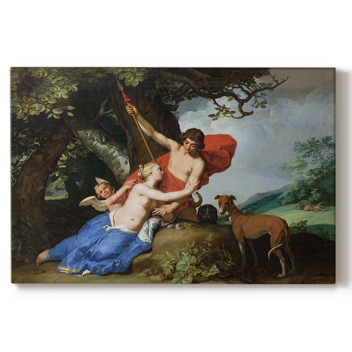 Canvas art print portraying Venus embracing Adonis in a mythological forest scene with Cupid nearby, set against a white background