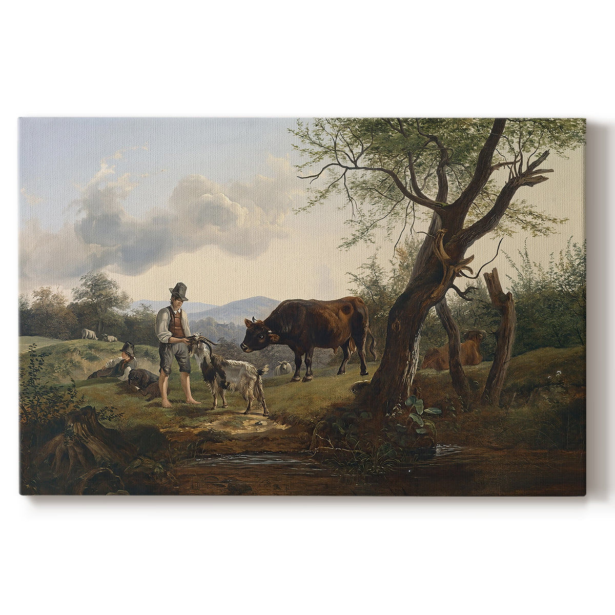 Canvas art print portraying a shepherd standing beside goat in countryside, set against a white background