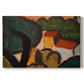 Canvas art print portraying simplified houses and trees arranged in a geometric landscape, set against a white background