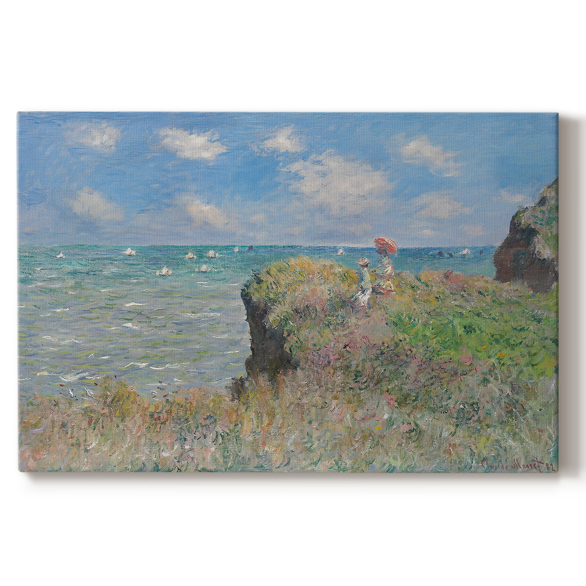Canvas art print portraying figures walking along coastal cliff path overlooking ocean and sky, set against a white background