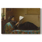 Canvas art print portraying a group of people gathered indoors reading newspaper together, set against a white background