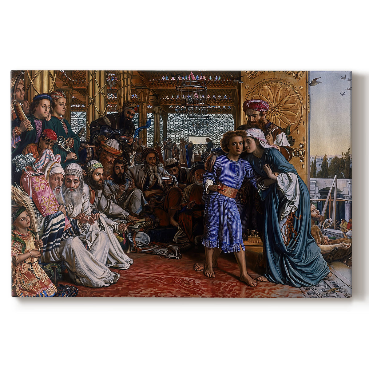 Canvas art print portraying a large group gathered in temple interior around central young figure, set against a white background