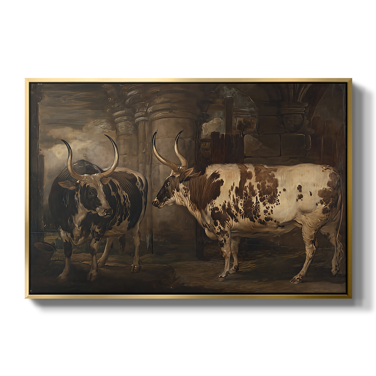 Portraits of Two Extraordinary Oxen, Property of the Earl of Powis, 1814 - Floater Framed Canvas Print