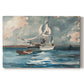 Canvas art print portraying a single sailboat moving across bright blue water under clear sky, set against a white background