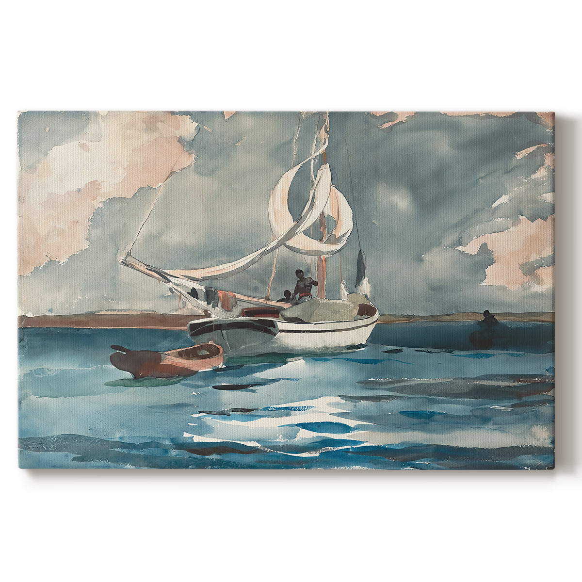 Canvas art print portraying a single sailboat moving across bright blue water under clear sky, set against a white background