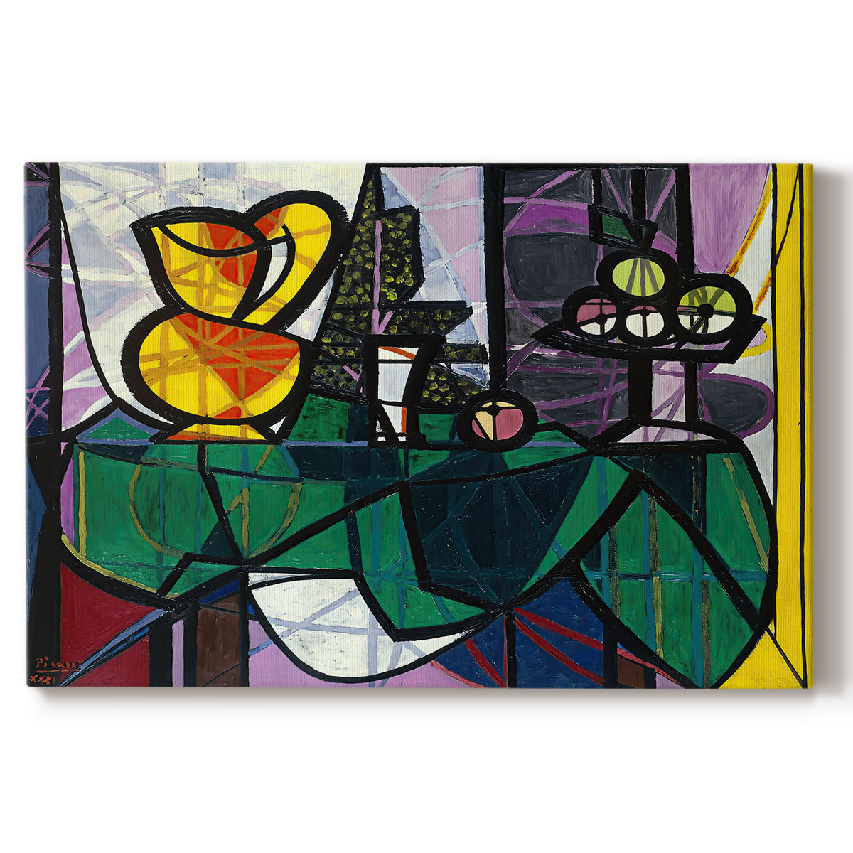 Canvas art print portraying a still life with pitcher and fruit in cubist composition, set against a white background