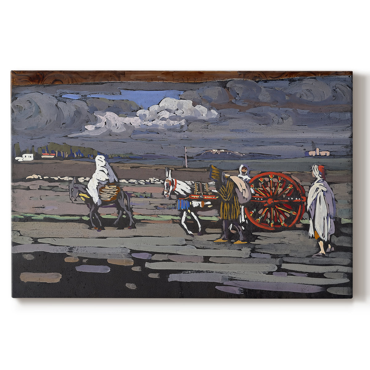 Canvas art print portraying a rural road scene with figures and landscape rendered in bold color and simplified forms, set against a white background