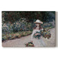 Canvas art print portraying a young girl seated in lush garden surrounded by blooming flowers, set against a white background