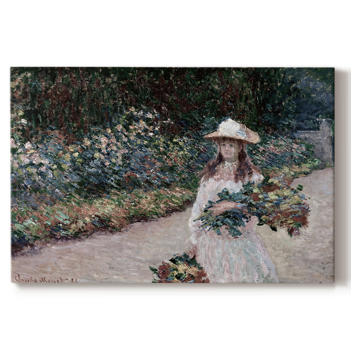 Canvas art print portraying a young girl seated in lush garden surrounded by blooming flowers, set against a white background