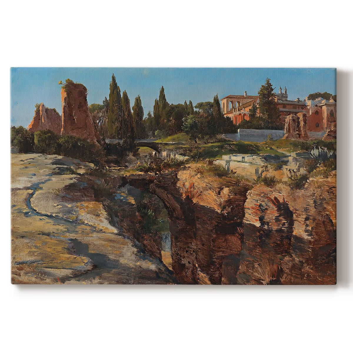 Canvas art print portraying historic Roman ruins and buildings set within warm landscape, set against a white background