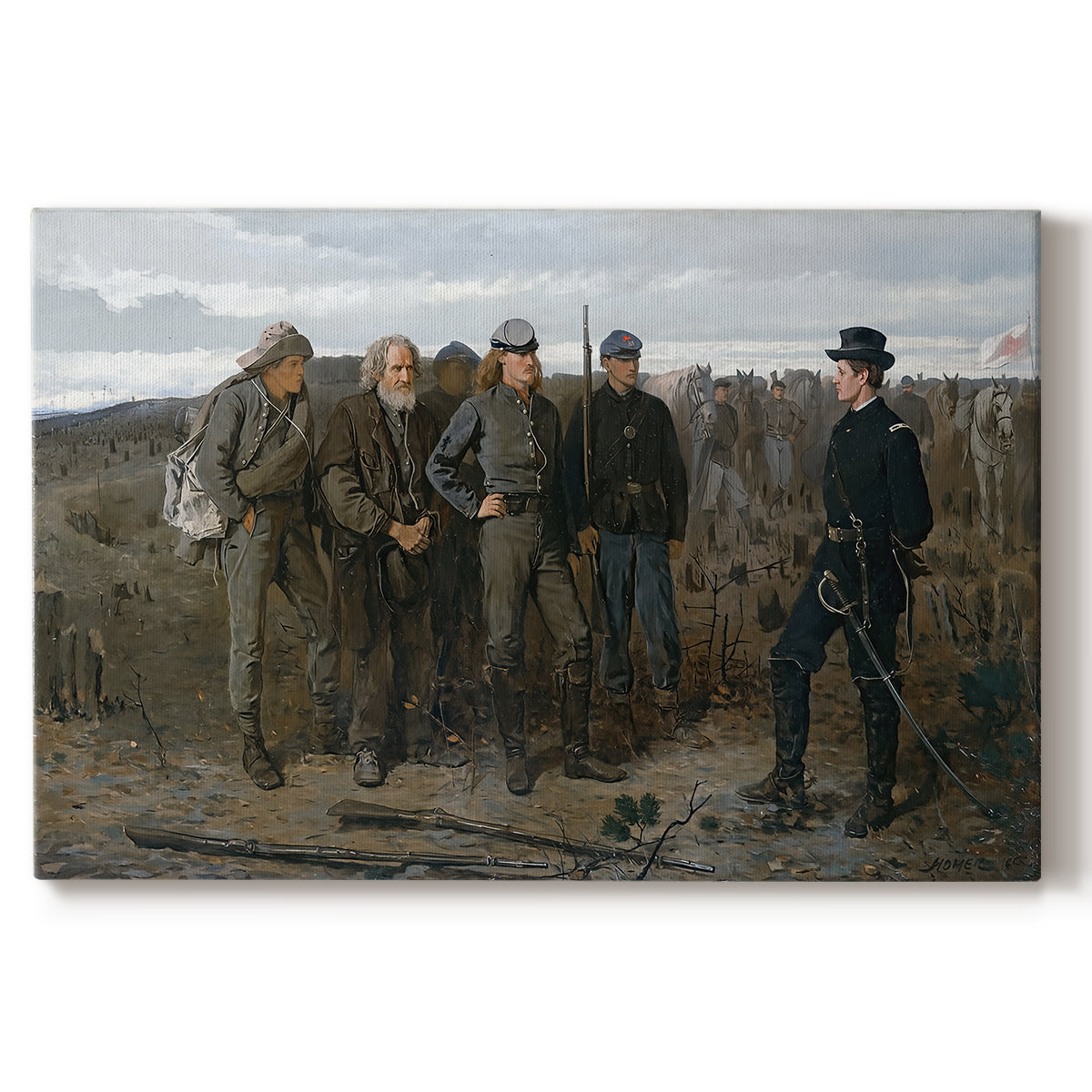 Canvas art print portraying a group of soldiers standing together in outdoor setting with guarded figures, set against a white background