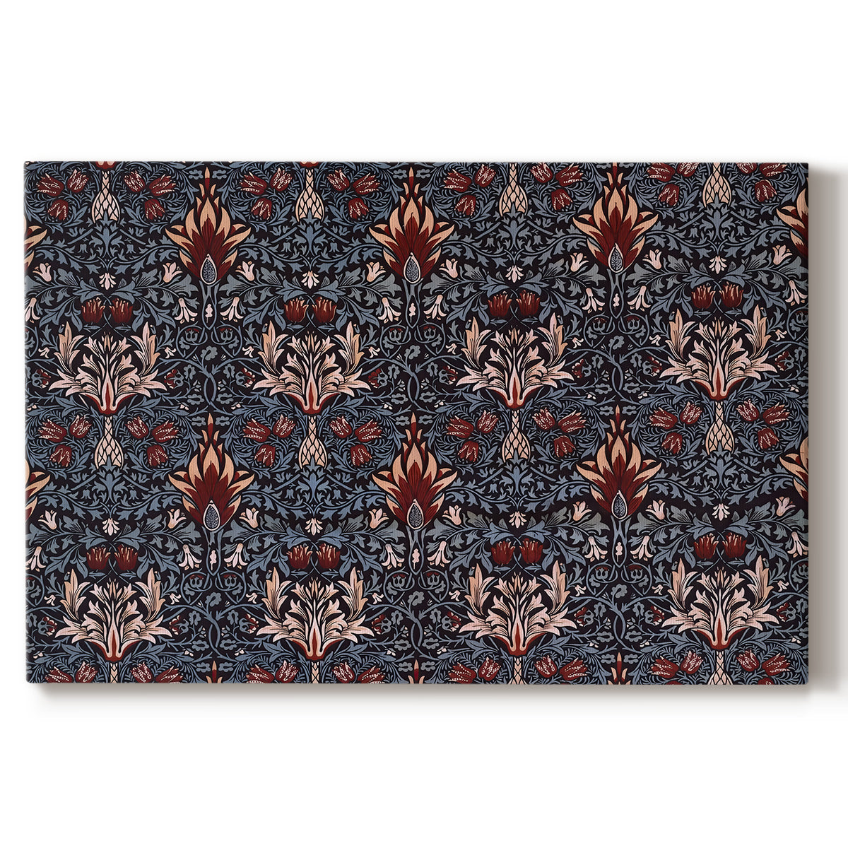 Canvas art print portraying a repeating pattern of stylized flowers with curved stems in contrasting indigo and red tones, set against a white background
