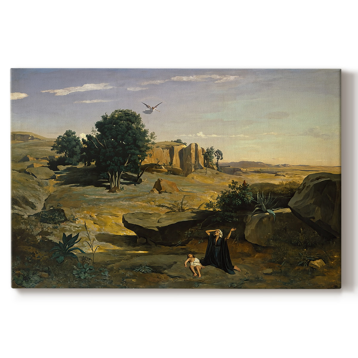 Canvas art print portraying a solitary figure in open landscape surrounded by sparse terrain, set against a white background