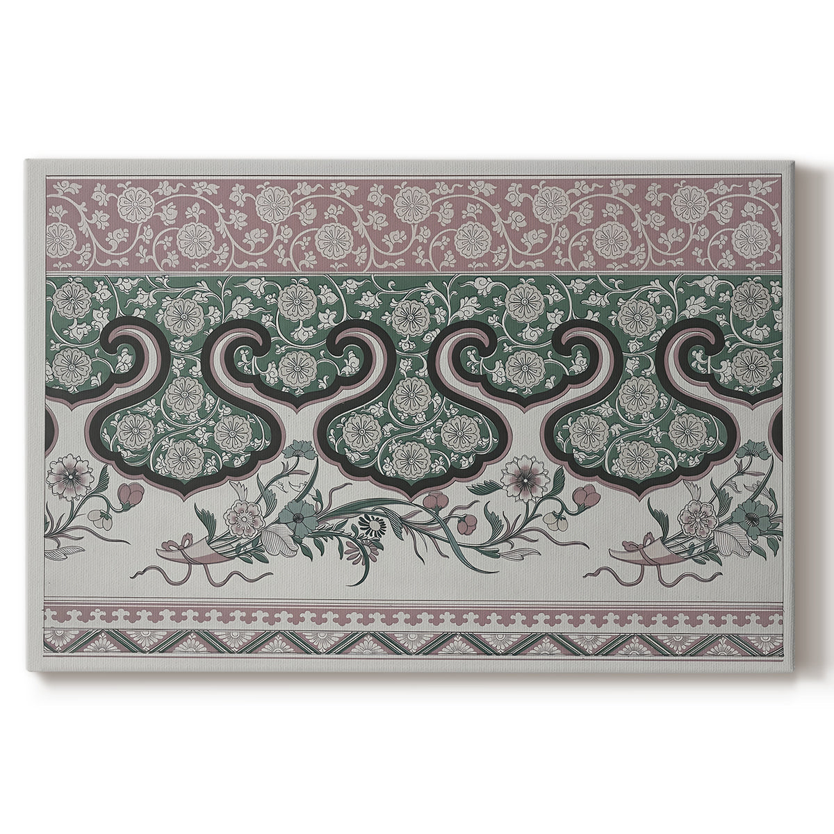 Canvas art print portraying a repeating pattern with interlocking shapes and stylized organic forms, set against a white background