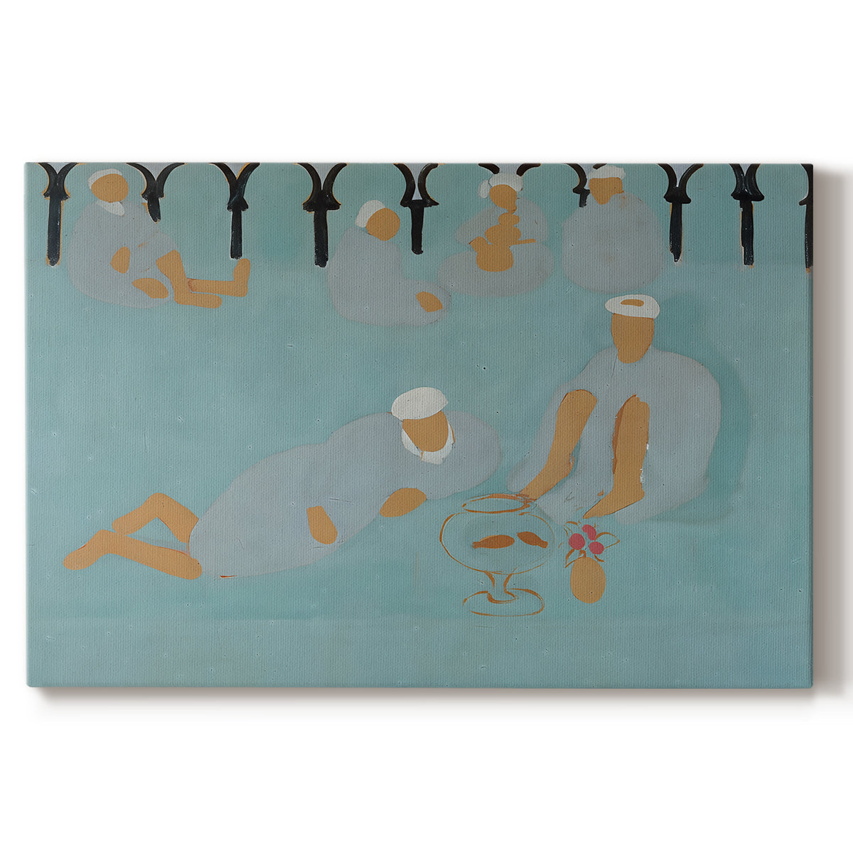 Canvas art print portraying an interior scene with seated figures in patterned, colorful environment, set against a white background