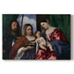Canvas art print portraying a Madonna and child seated with two saints standing in dark interior setting, set against a white background