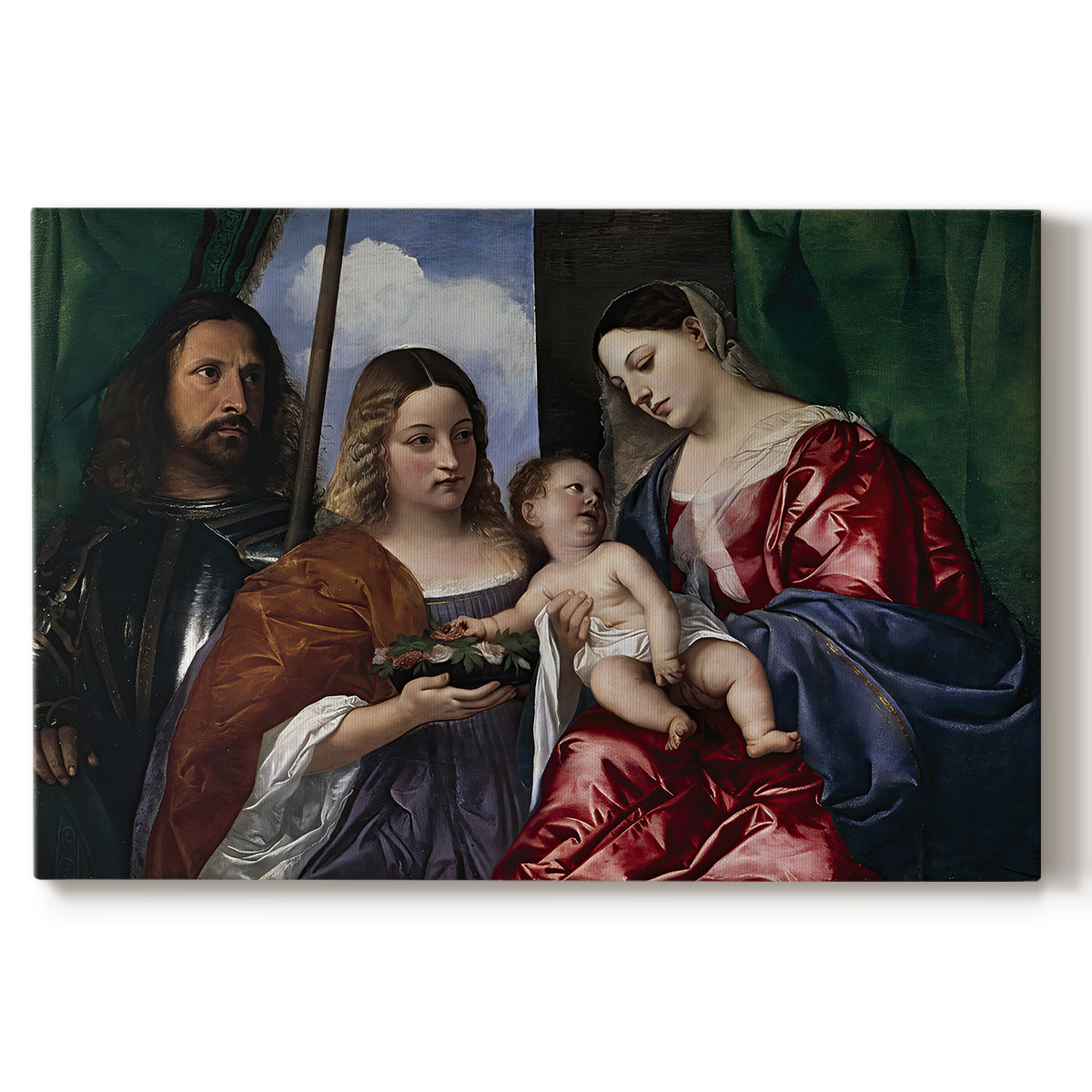 Canvas art print portraying a Madonna and child seated with two saints standing in dark interior setting, set against a white background