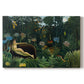 Canvas art print portraying a reclining nude woman surrounded by dense jungle plants and animals, set against a white background