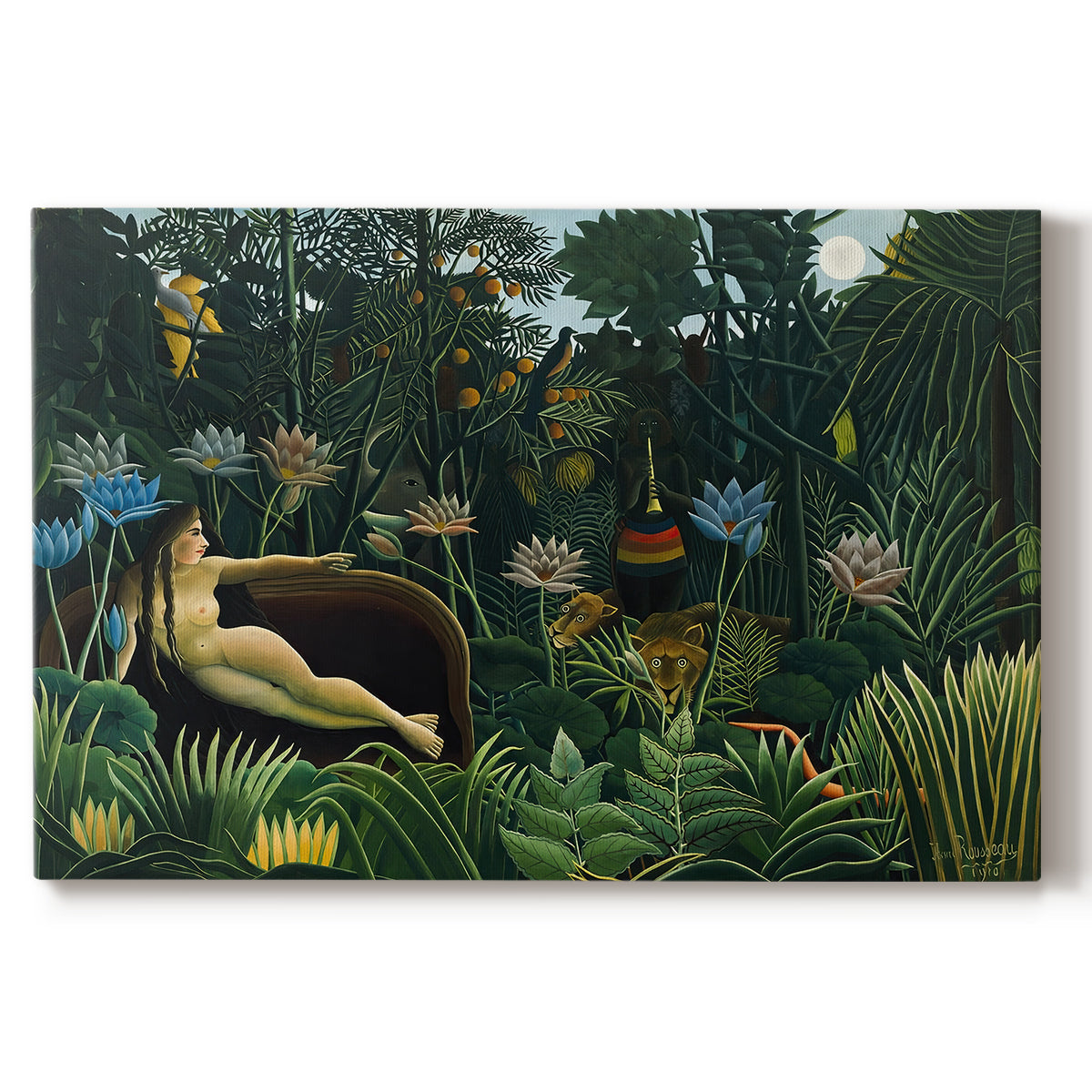 Canvas art print portraying a reclining nude woman surrounded by dense jungle plants and animals, set against a white background