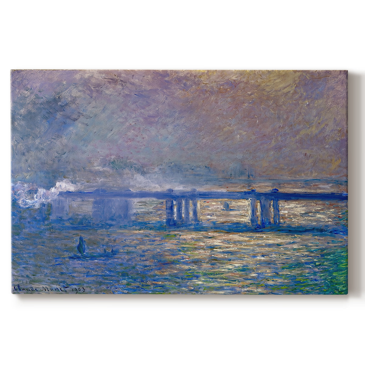 Canvas art print portraying an impressionist view of bridge stretching across river with soft light and haze, set against a white background